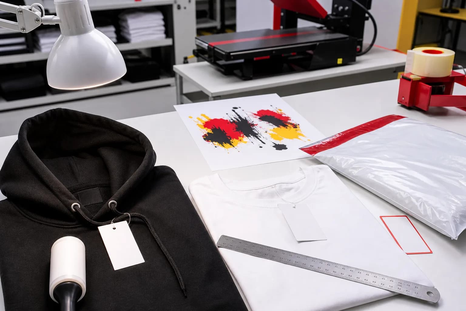 Customer-supplied hoodie and T shirt being checked before printing