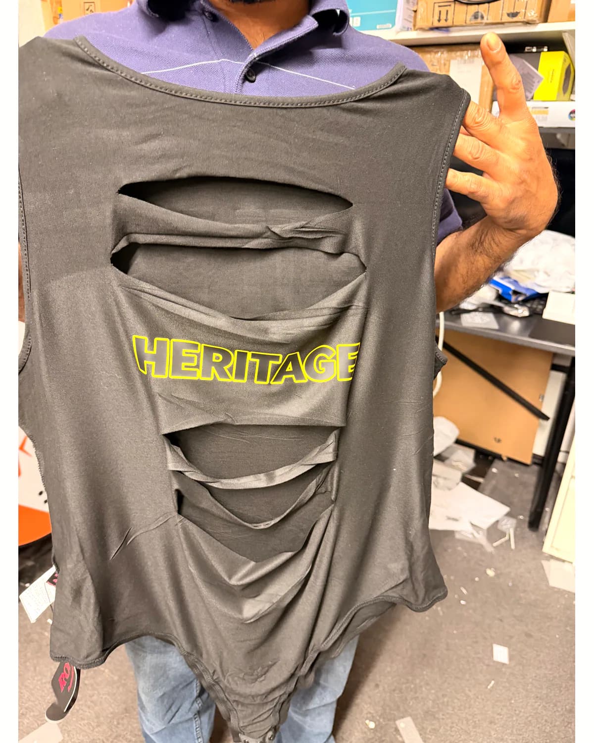 Custom-cut charcoal fashion T shirt with a printed back detail