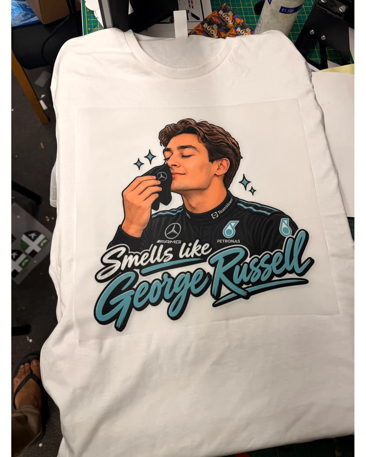 White T shirt with a full-colour illustrated character print