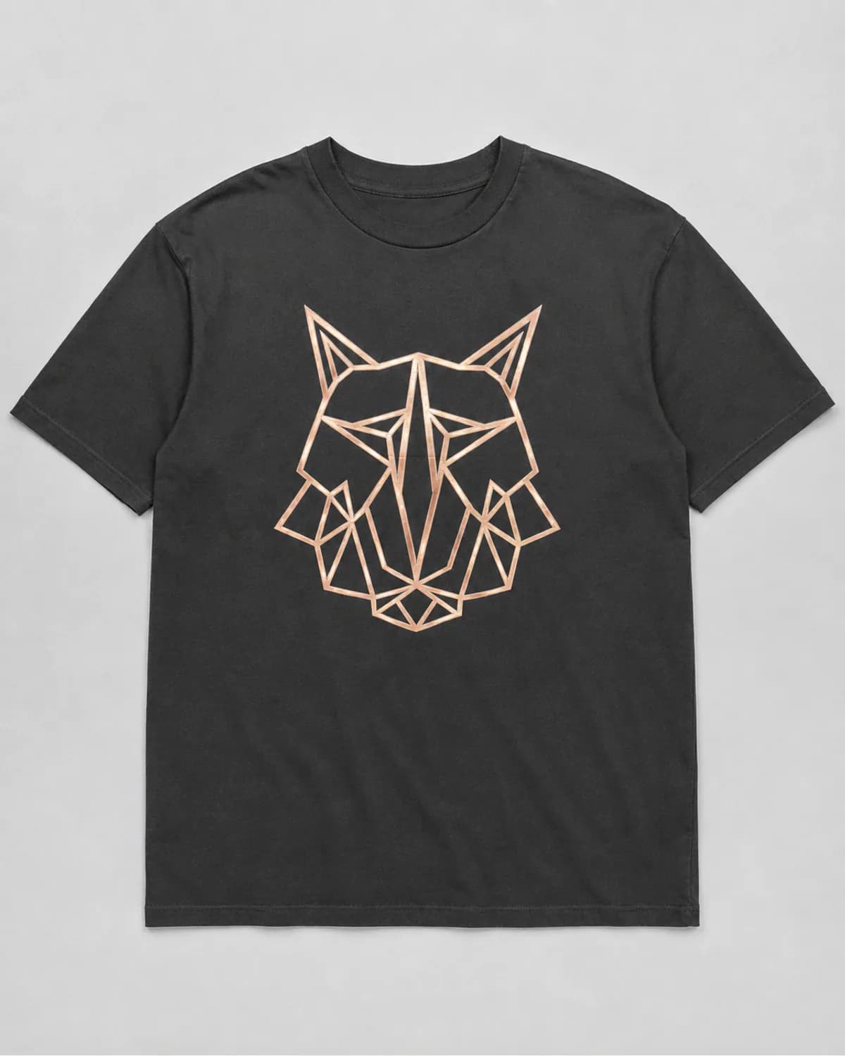 Black T shirt with a pale copper geometric line-art animal print