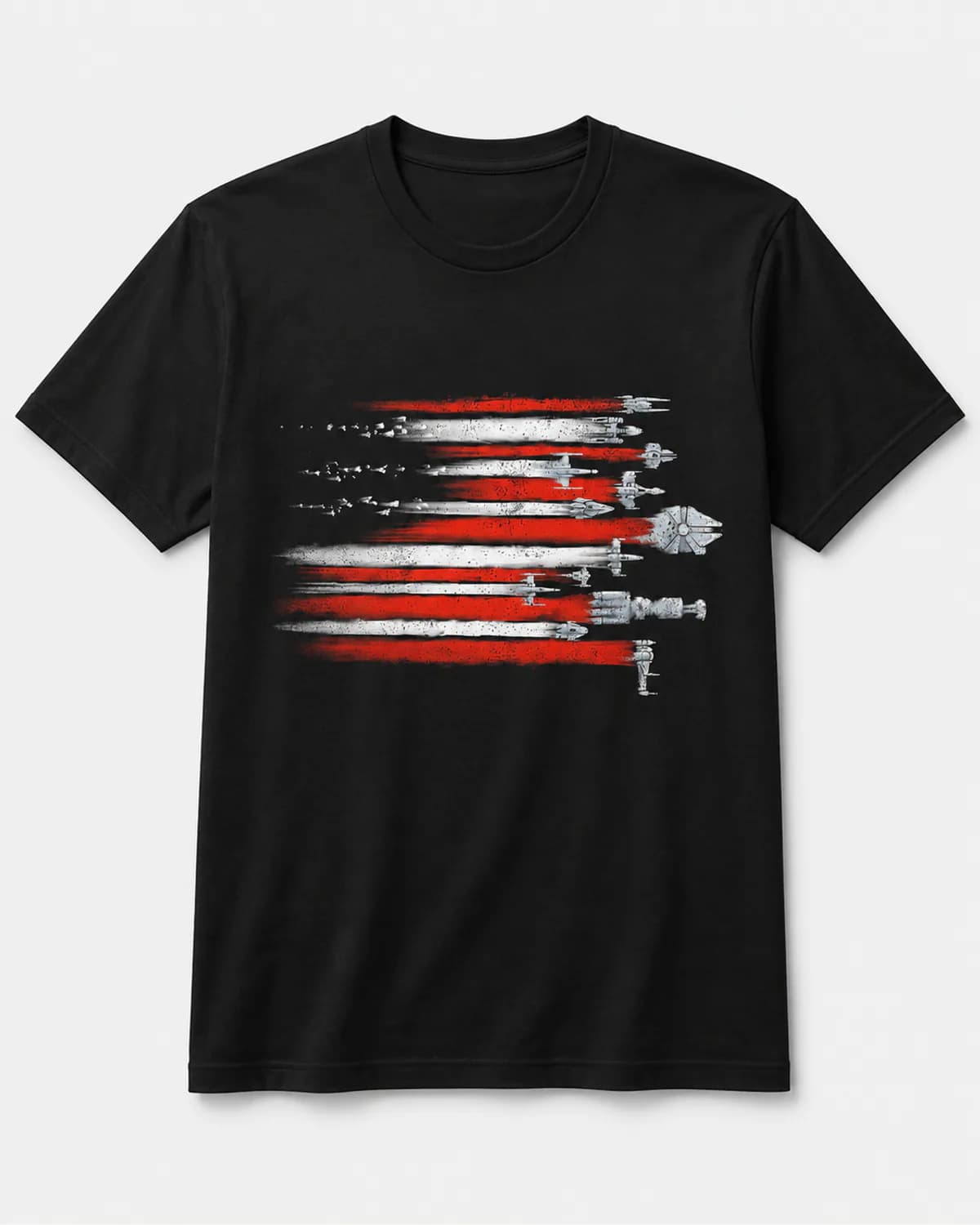 Black T shirt with a red and white illustrated swords graphic