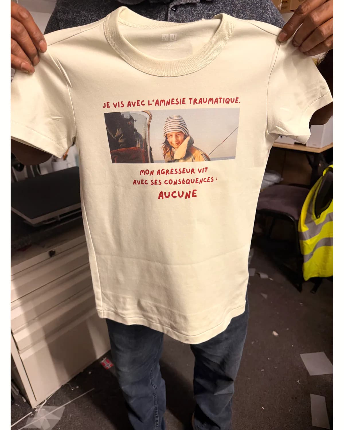 White personalised memorial T shirt with a photograph and red text