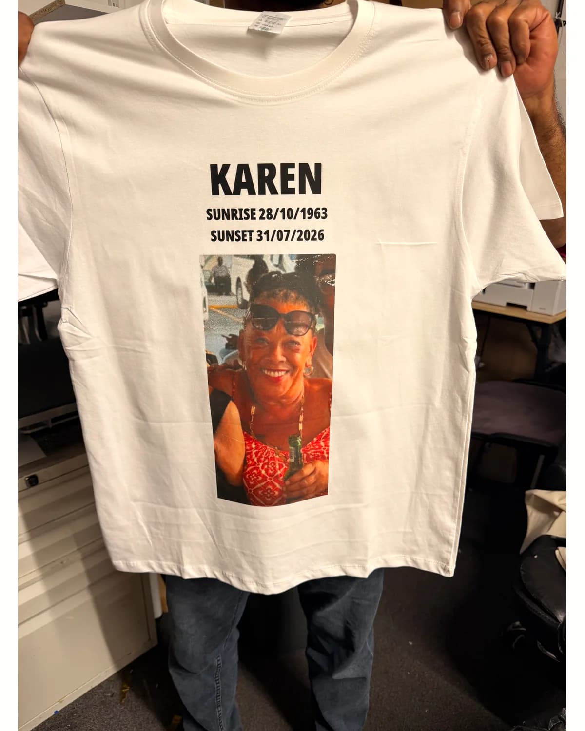 White memorial T shirt with a colour portrait and personalised dates