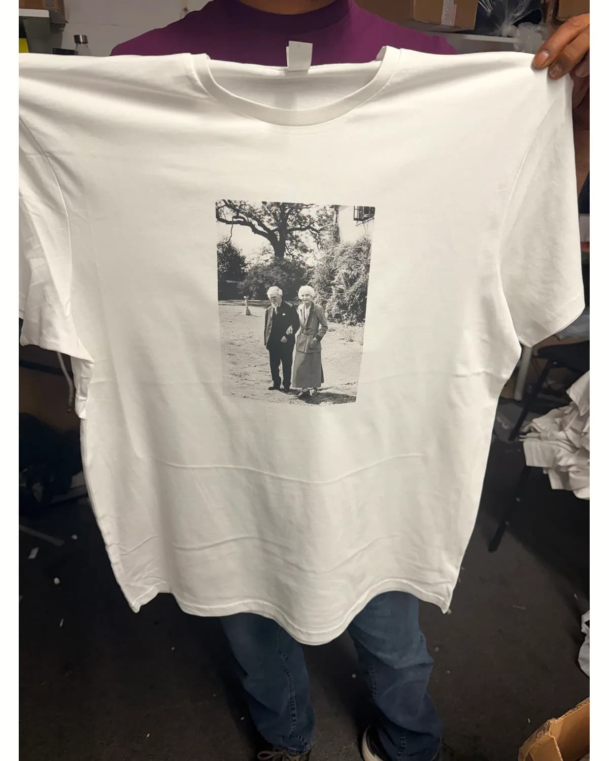 White T shirt with a small monochrome photograph print