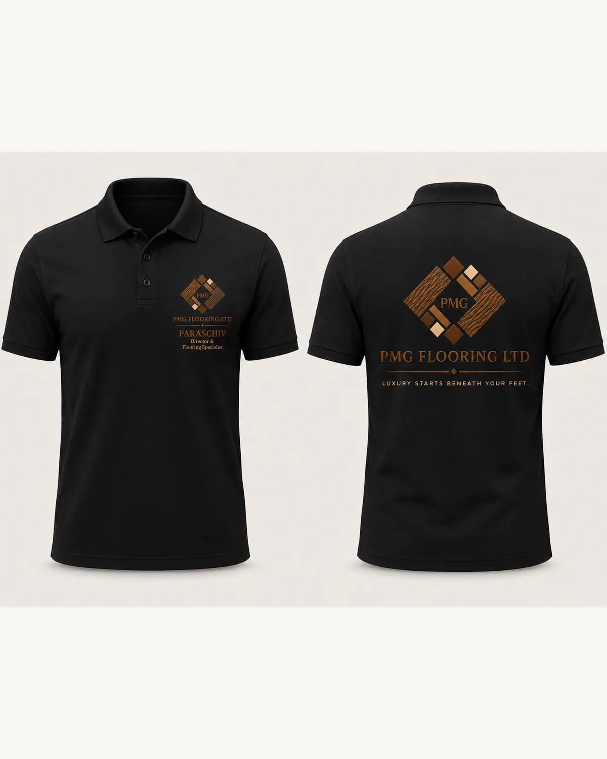 Black custom printed company polo shown from the front and back