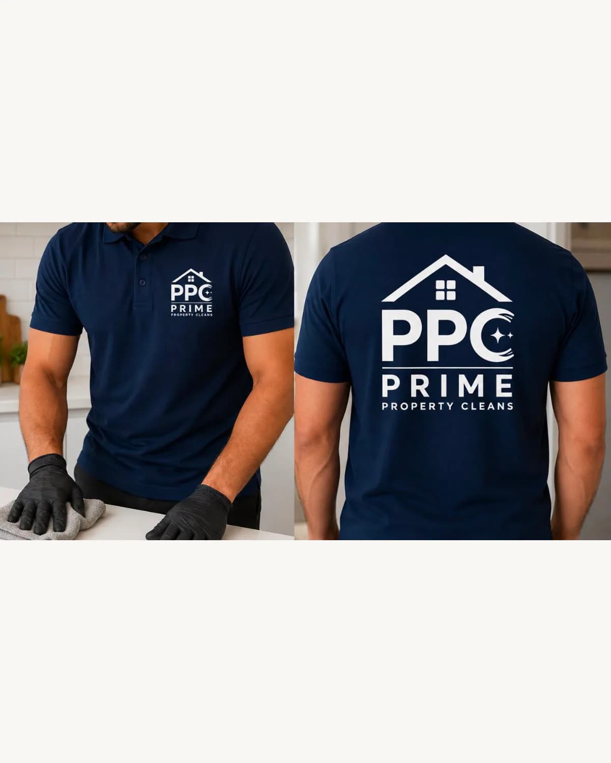 Navy work polo with white company branding on the front and back